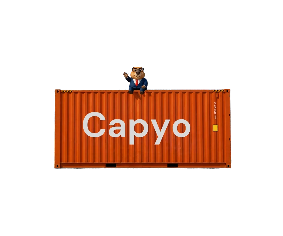 Capyo container with the Capyo mascot waving